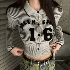Grey collared pin striped top